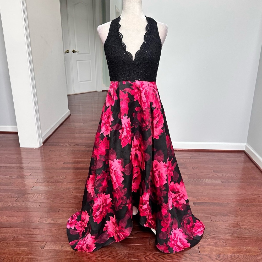 Jump Apparel Black Glitter Lace Red Rose‎ Floral High Low Gown Dress Size 7/8